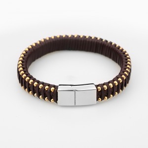 Bracelet à billes en acier inoxydable bracelet en cuir tissé multicouche boucle magnétique